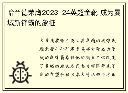 哈兰德荣膺2023-24英超金靴 成为曼城新锋霸的象征 哈兰德荣膺2023-24英超金靴 成为曼城新锋霸的象征